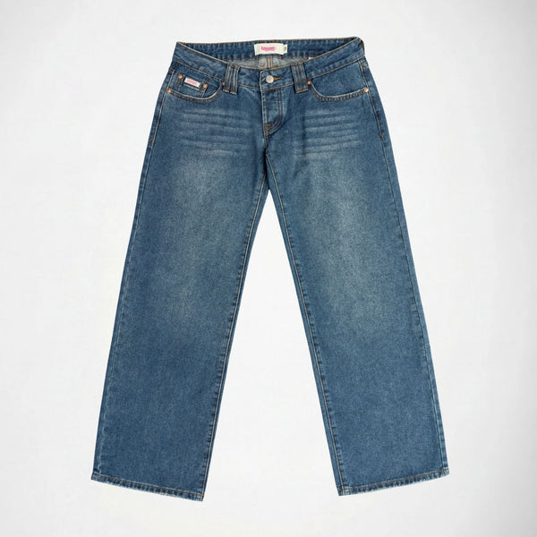 BUBBLEGUM USA Luna Pink Wing Lovers Women's Super Low-Rise Wide-Leg Jeans