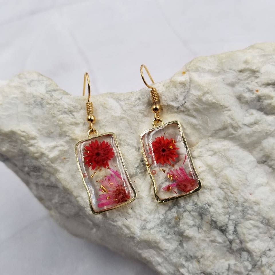 Gold Plated Dried Flower Rectangle Earrings