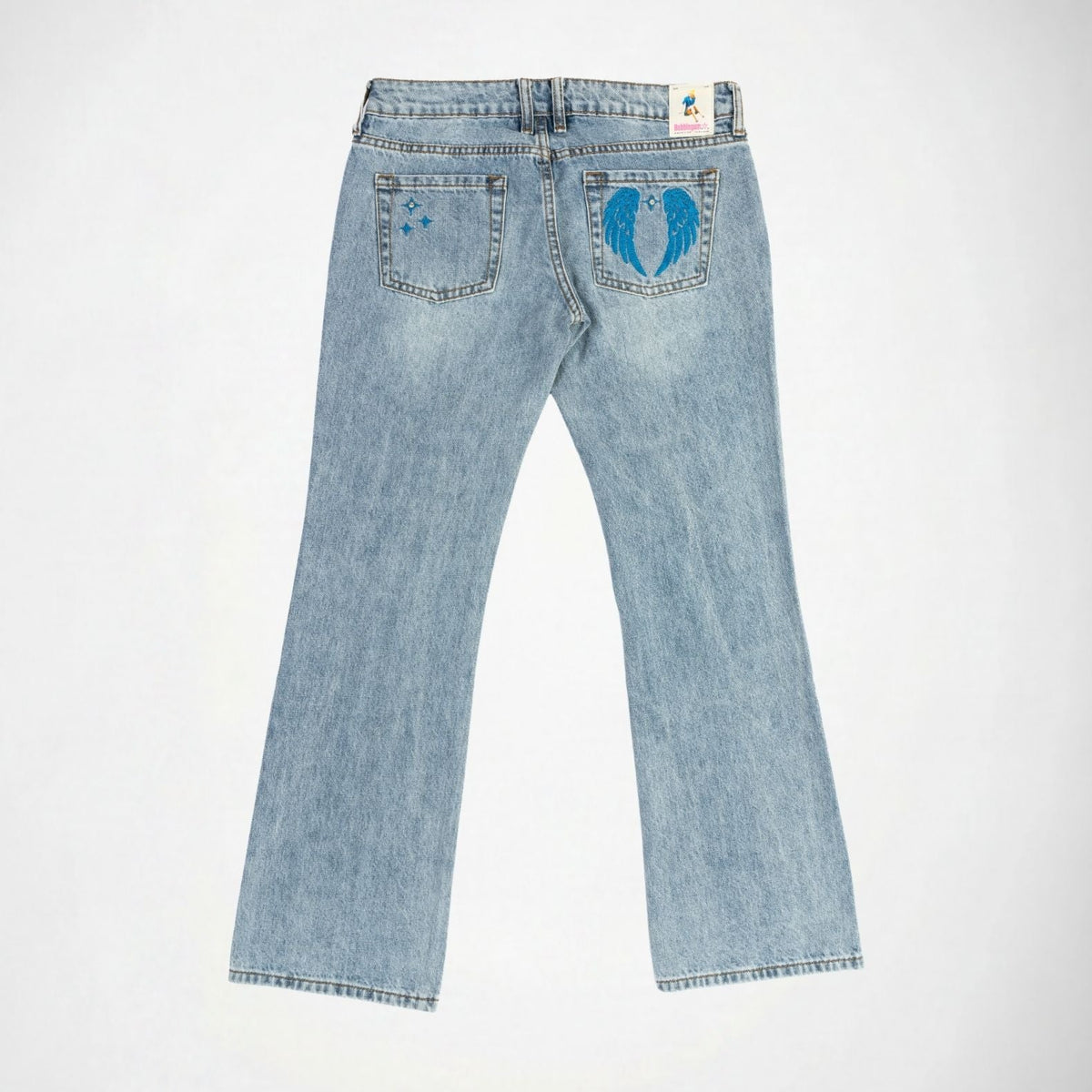 BUBBLEGUM USA Jane Women's Blue Wing & Star Super Low-Rise Flare Jeans