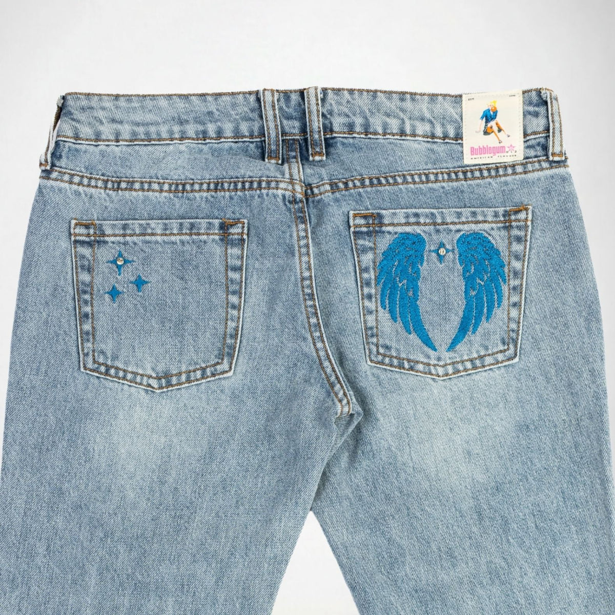 BUBBLEGUM USA Jane Women's Blue Wing & Star Super Low-Rise Flare Jeans