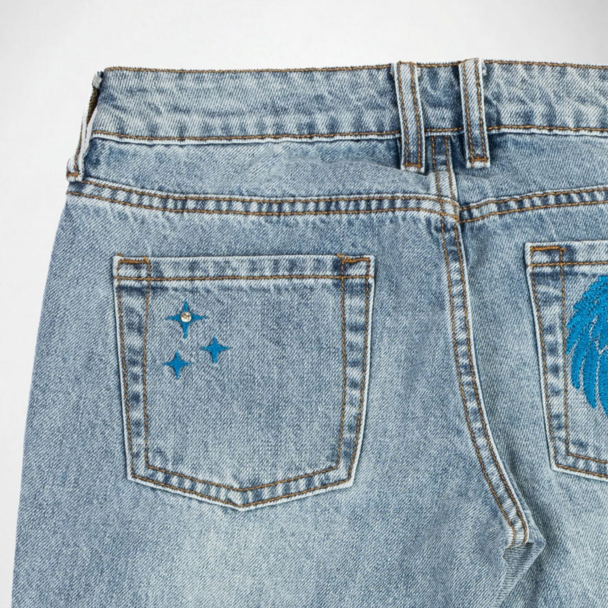BUBBLEGUM USA Jane Women's Blue Wing & Star Super Low-Rise Flare Jeans