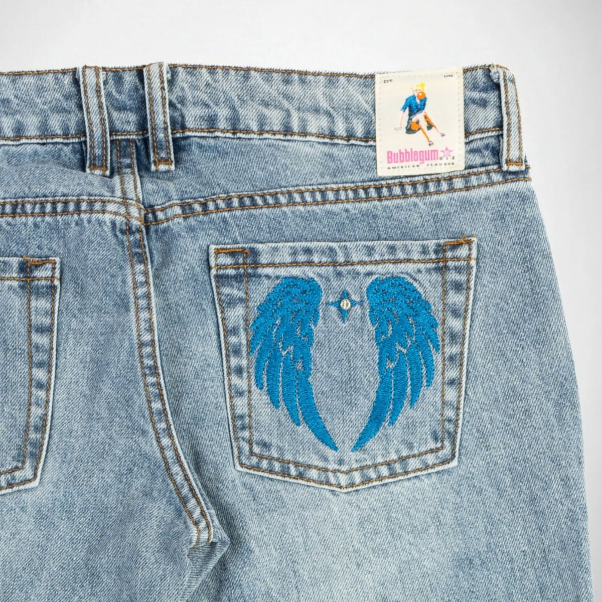 BUBBLEGUM USA Jane Women's Blue Wing & Star Super Low-Rise Flare Jeans