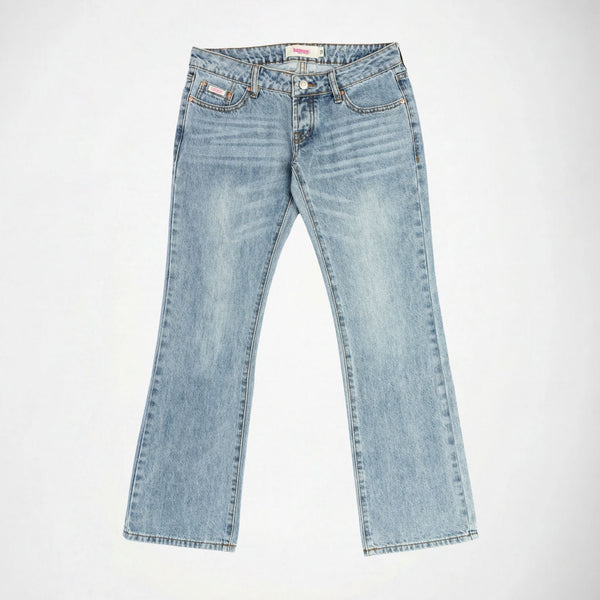 BUBBLEGUM USA Jane Women's Blue Wing & Star Super Low-Rise Flare Jeans
