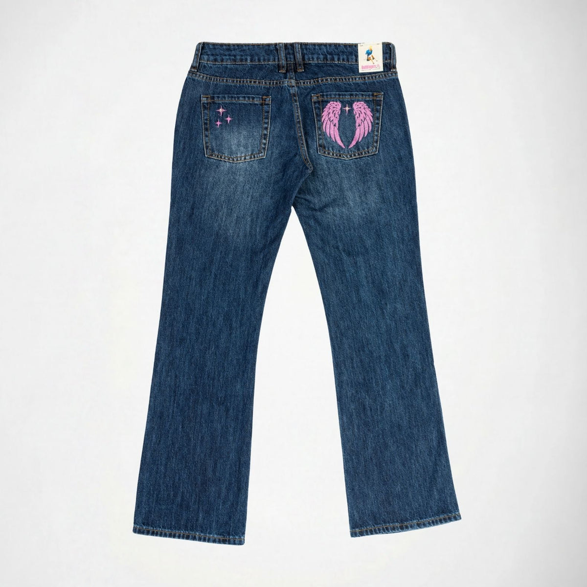 BUBBLEGUM USA Jane Women's Super Low-Rise Flare Jeans with Wing & Star Embroidery