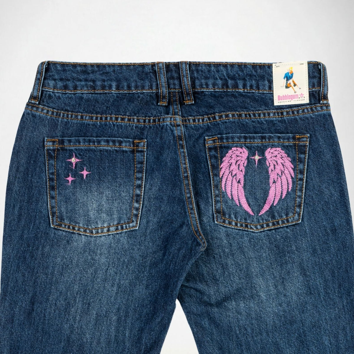 BUBBLEGUM USA Jane Women's Super Low-Rise Flare Jeans with Wing & Star Embroidery