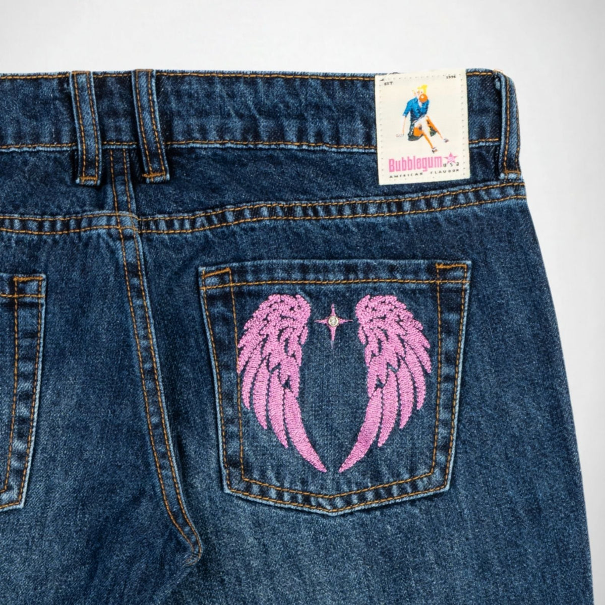 BUBBLEGUM USA Jane Women's Super Low-Rise Flare Jeans with Wing & Star Embroidery