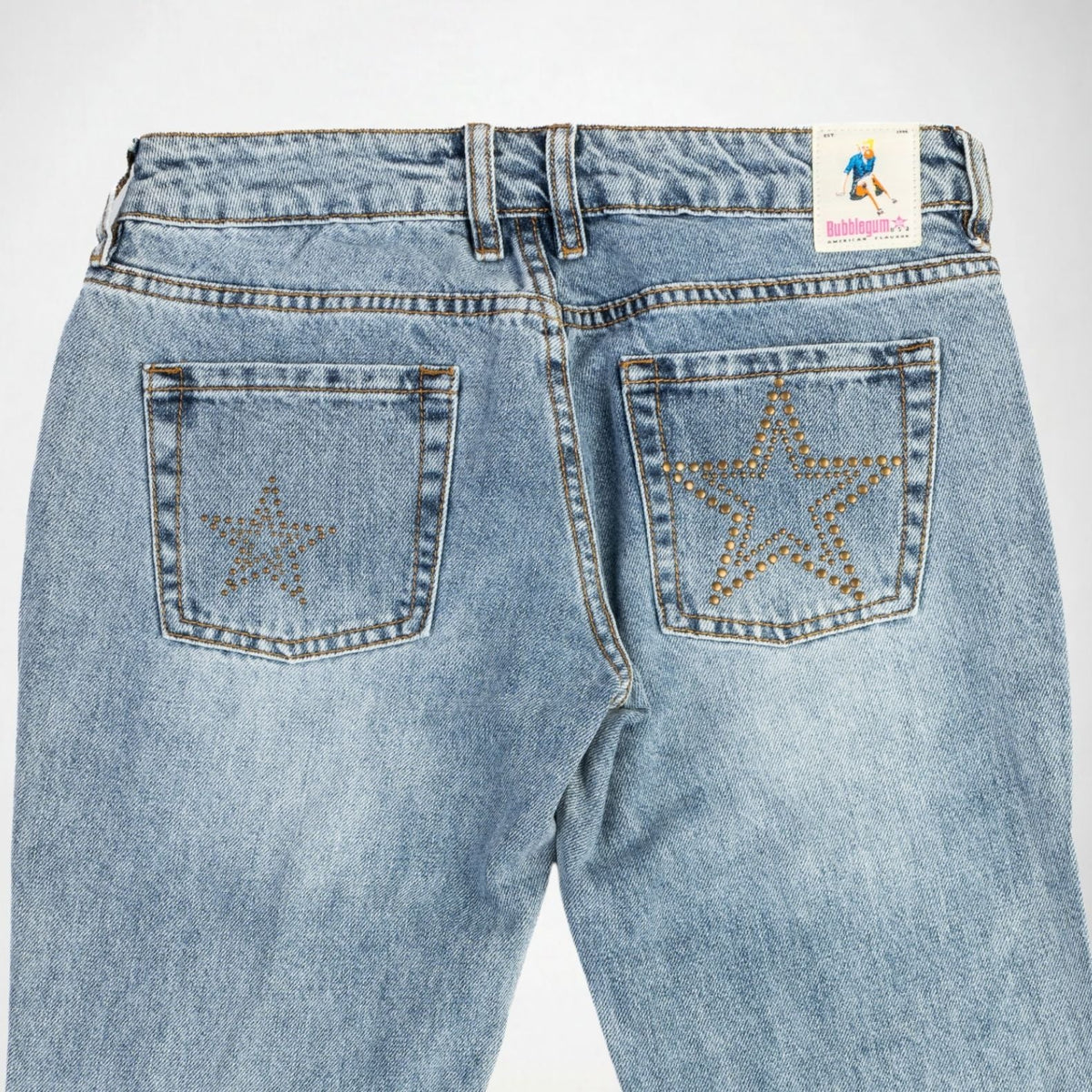 BUBBLEGUM USA Jane Gold Star Women's Super Low-Rise Flare Jeans