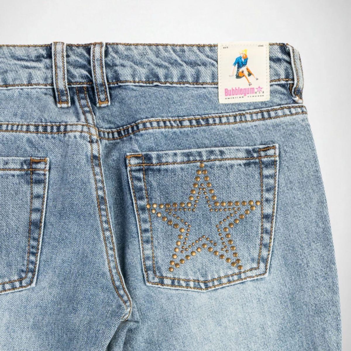 BUBBLEGUM USA Jane Gold Star Women's Super Low-Rise Flare Jeans