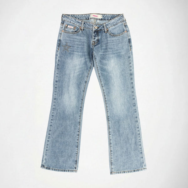 BUBBLEGUM USA Jane Gold Star Women's Super Low-Rise Flare Jeans
