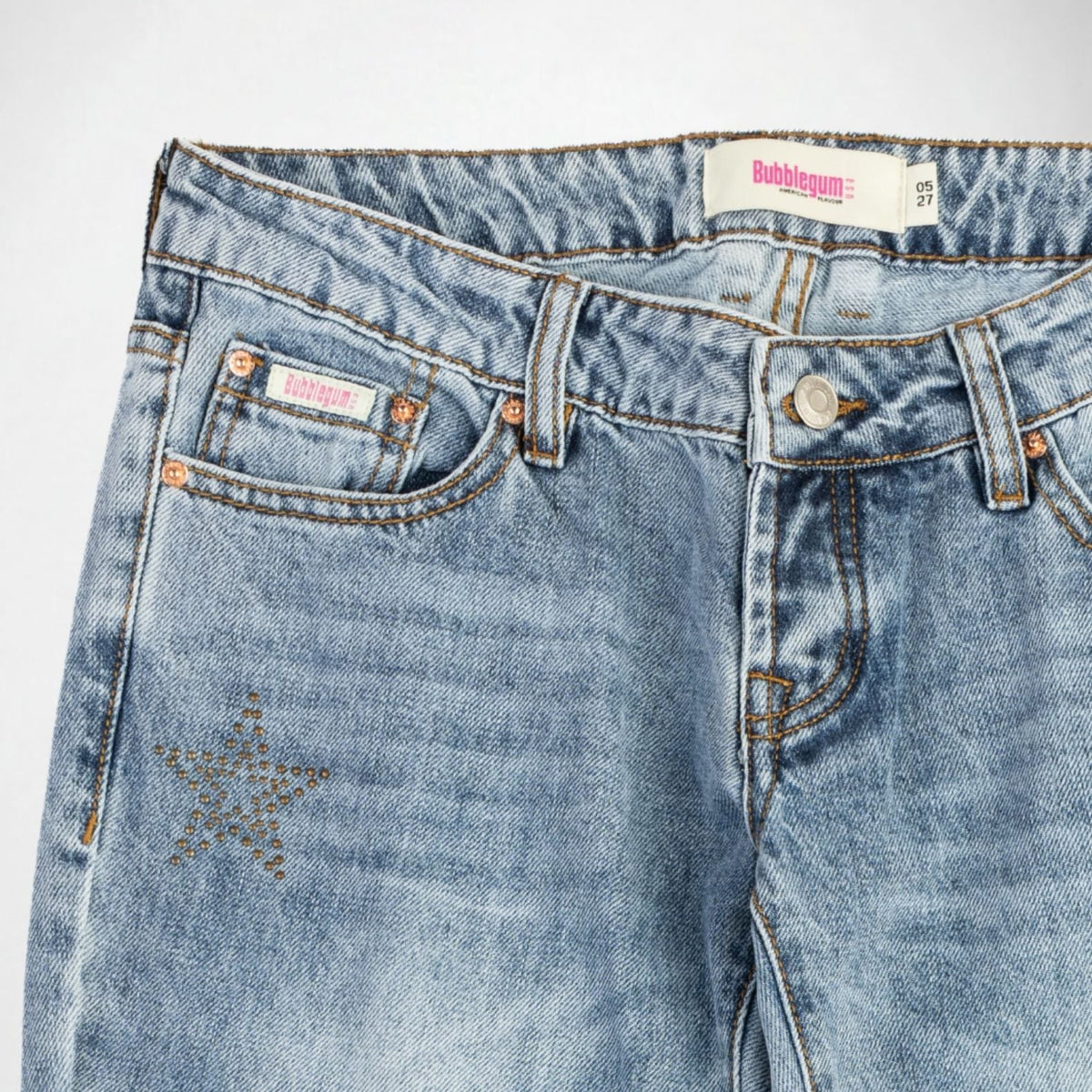 BUBBLEGUM USA Jane Gold Star Women's Super Low-Rise Flare Jeans