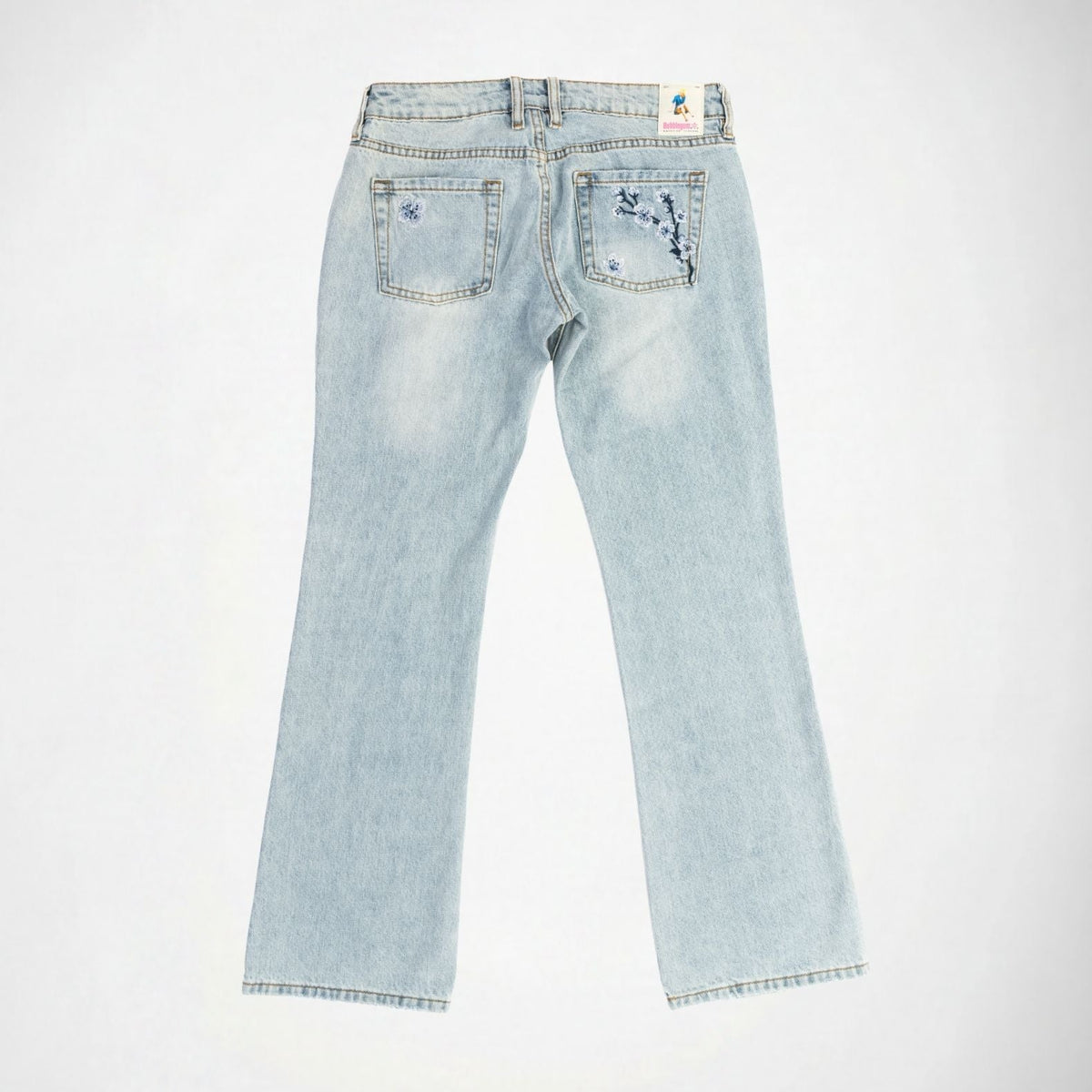 BUBBLEGUM USA Rose Indigo Blossom Women's Super Low-Rise Flare Jeans