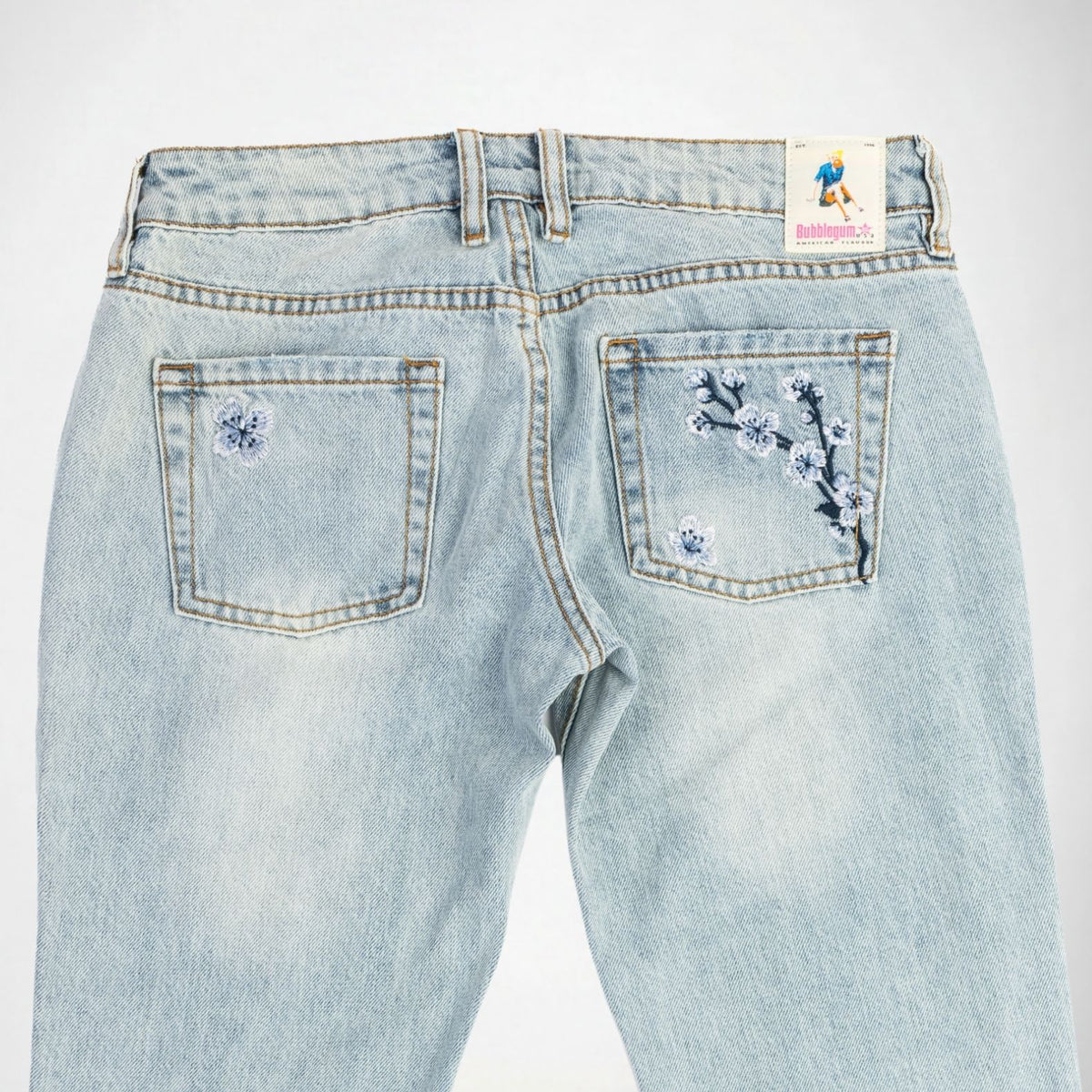 BUBBLEGUM USA Rose Indigo Blossom Women's Super Low-Rise Flare Jeans
