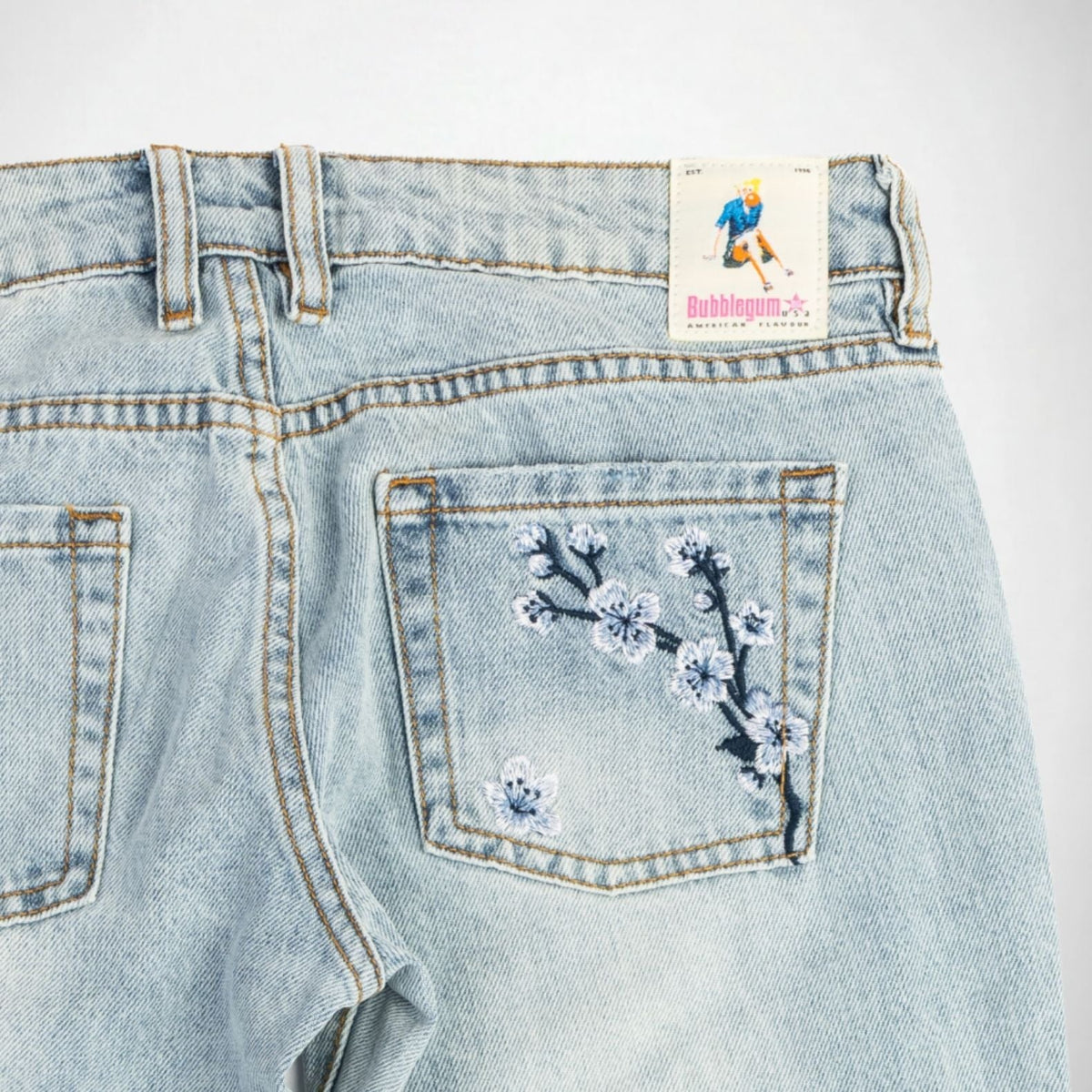 BUBBLEGUM USA Rose Indigo Blossom Women's Super Low-Rise Flare Jeans