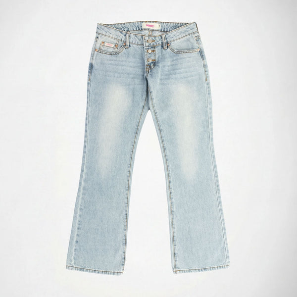 BUBBLEGUM USA Rose Indigo Blossom Women's Super Low-Rise Flare Jeans