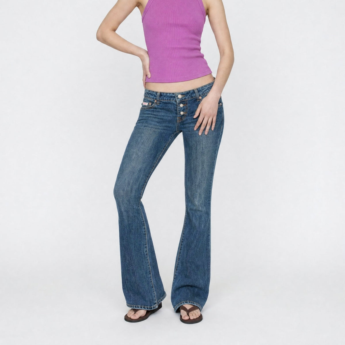BUBBLEGUM USA Rose Pink Blossom Women's Super Low-Rise Flare Jeans