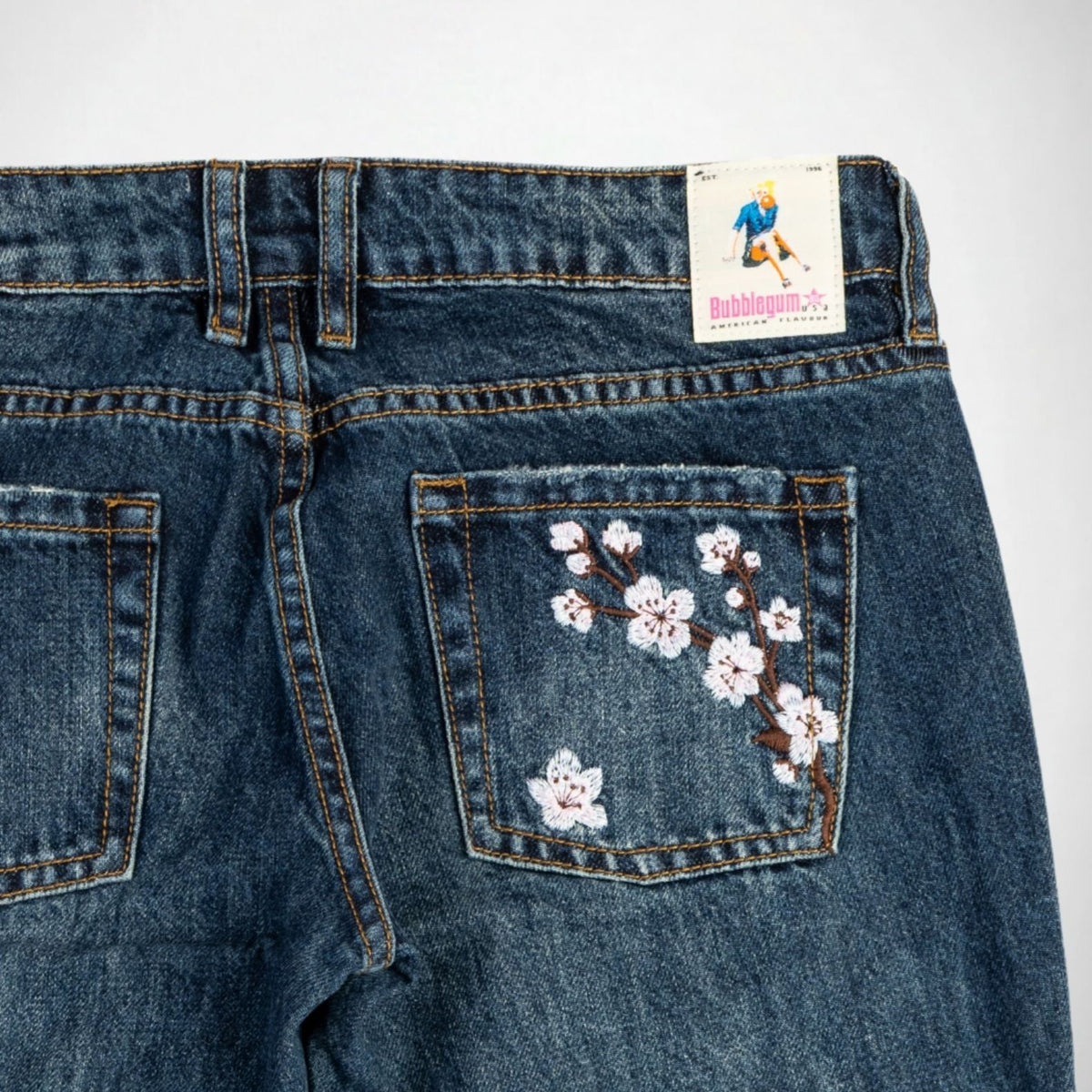 BUBBLEGUM USA Rose Pink Blossom Women's Super Low-Rise Flare Jeans