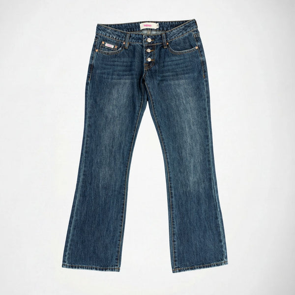 BUBBLEGUM USA Rose Pink Blossom Women's Super Low-Rise Flare Jeans
