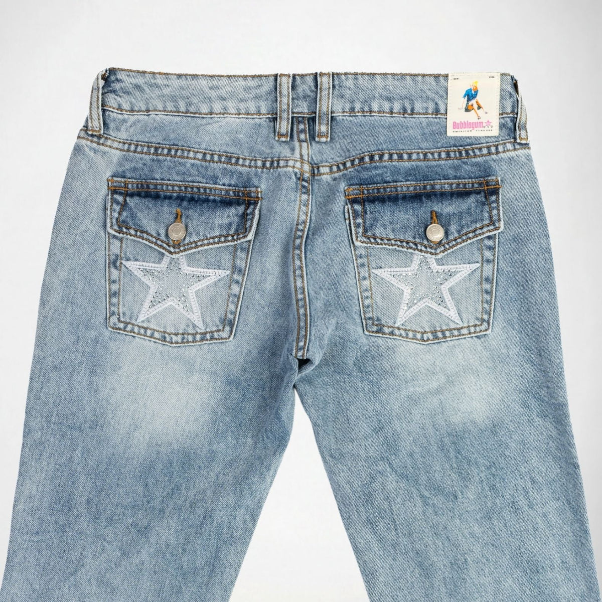 BUBBLEGUM USA Nola Star Women's Super Low-Rise Flare Jeans, Light Vintage