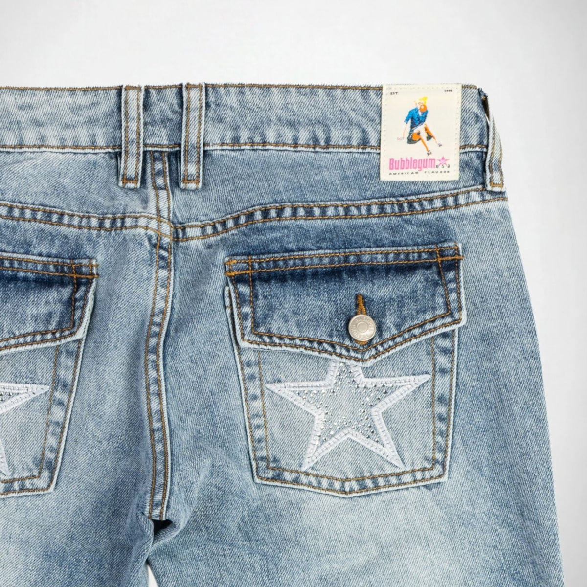 BUBBLEGUM USA Nola Star Women's Super Low-Rise Flare Jeans, Light Vintage