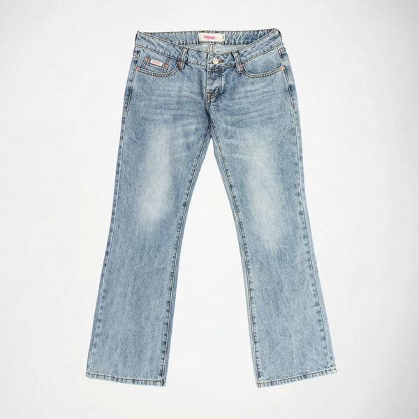 BUBBLEGUM USA Nola Star Women's Super Low-Rise Flare Jeans, Light Vintage