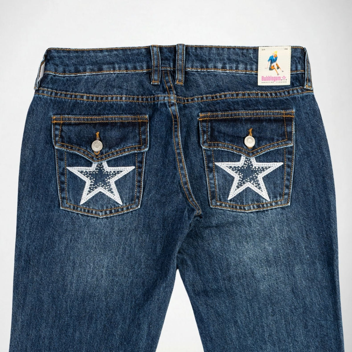BUBBLEGUM USA Nola Star Women's Super Low-Rise Flare Jeans, Mid Vintage