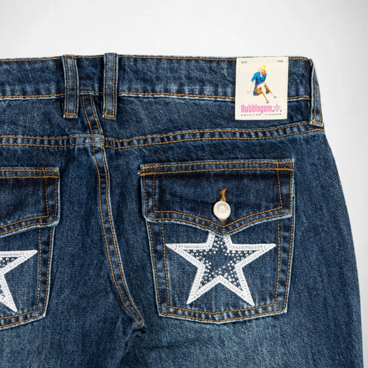 BUBBLEGUM USA Nola Star Women's Super Low-Rise Flare Jeans, Mid Vintage
