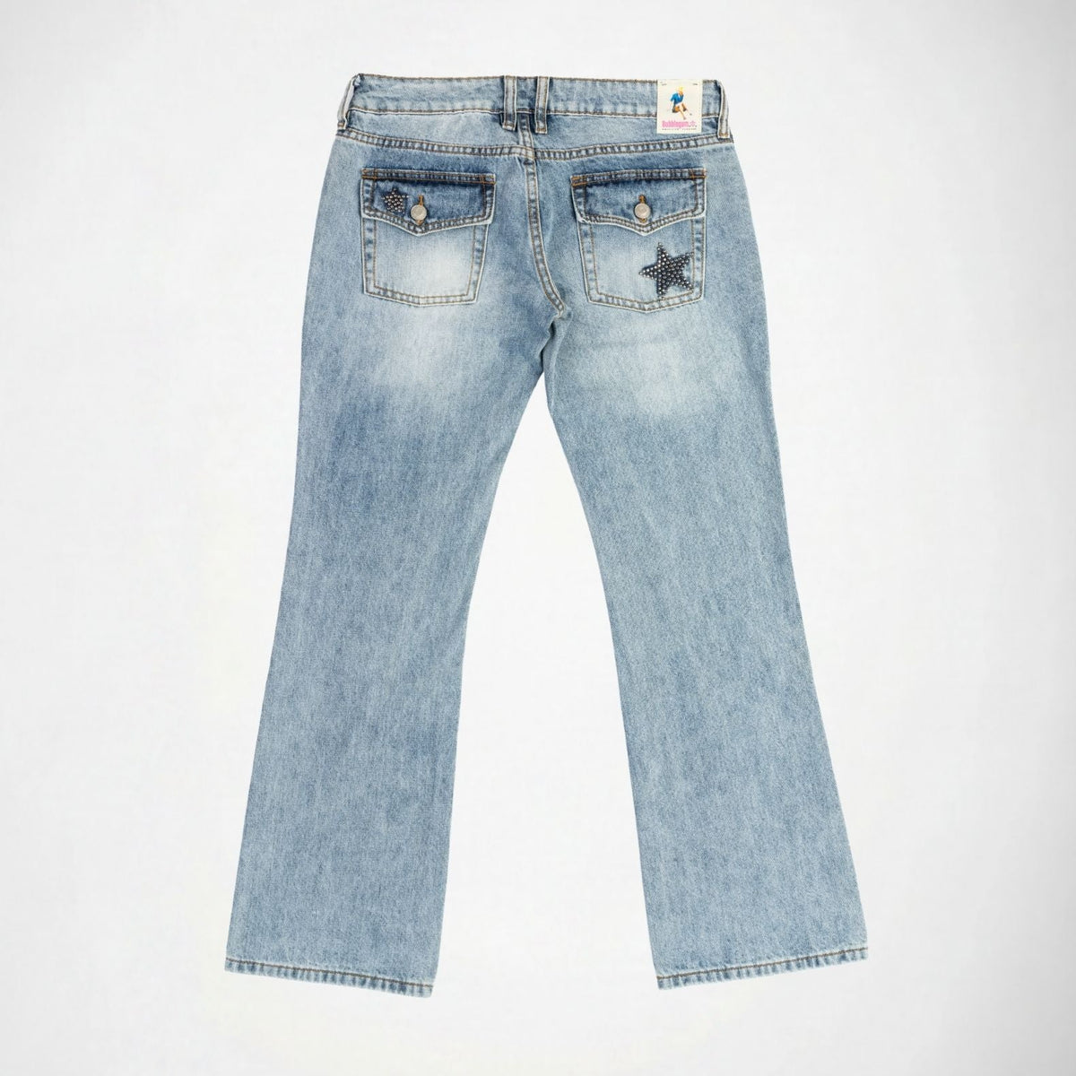 BUBBLEGUM USA Nola Women's Metal Star Super Low-Rise Flare Jeans, Light Vintage