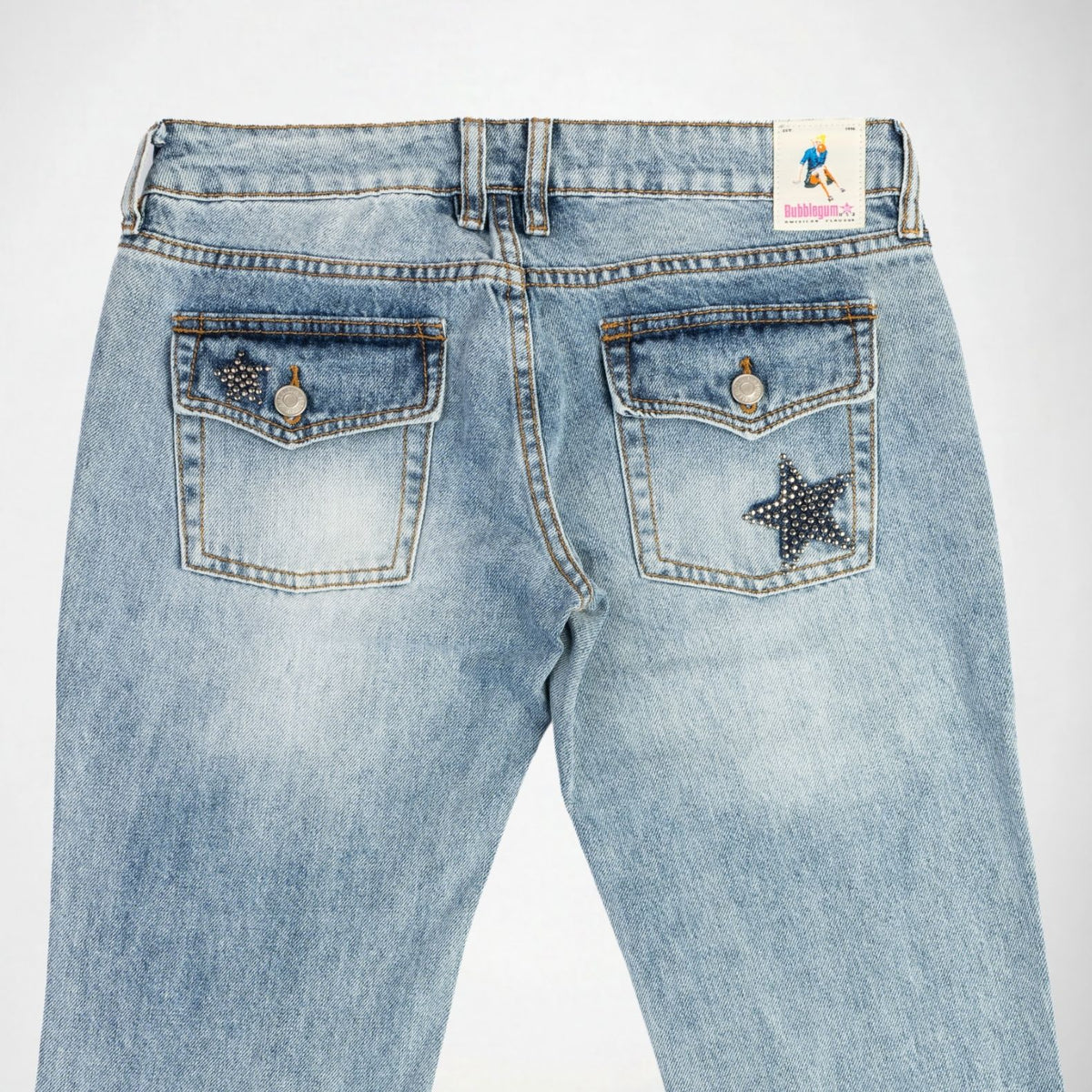 BUBBLEGUM USA Nola Women's Metal Star Super Low-Rise Flare Jeans, Light Vintage