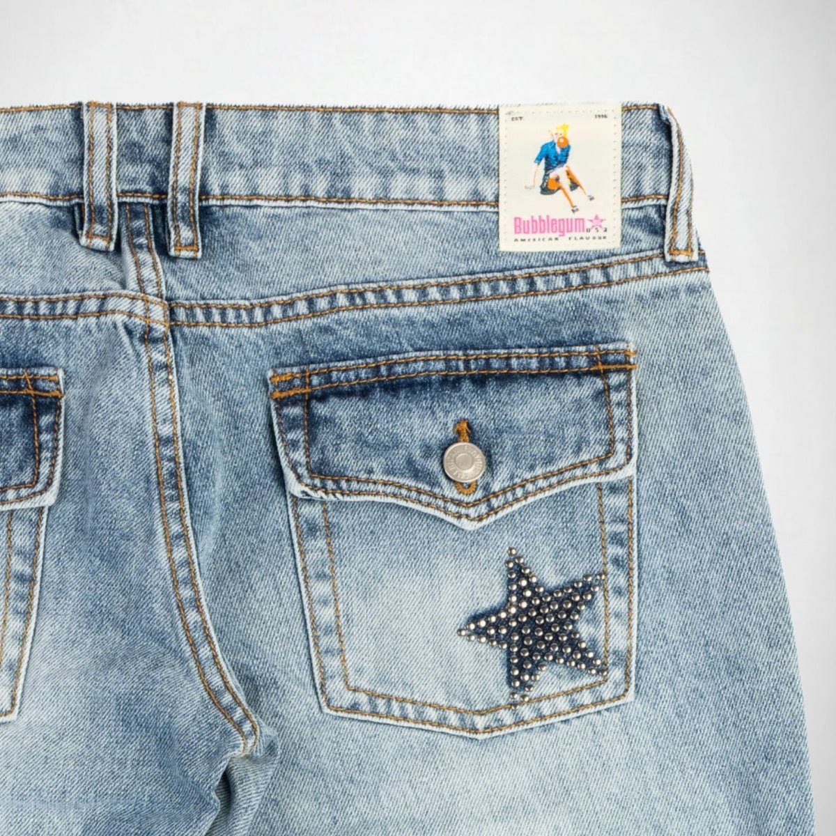 BUBBLEGUM USA Nola Women's Metal Star Super Low-Rise Flare Jeans, Light Vintage