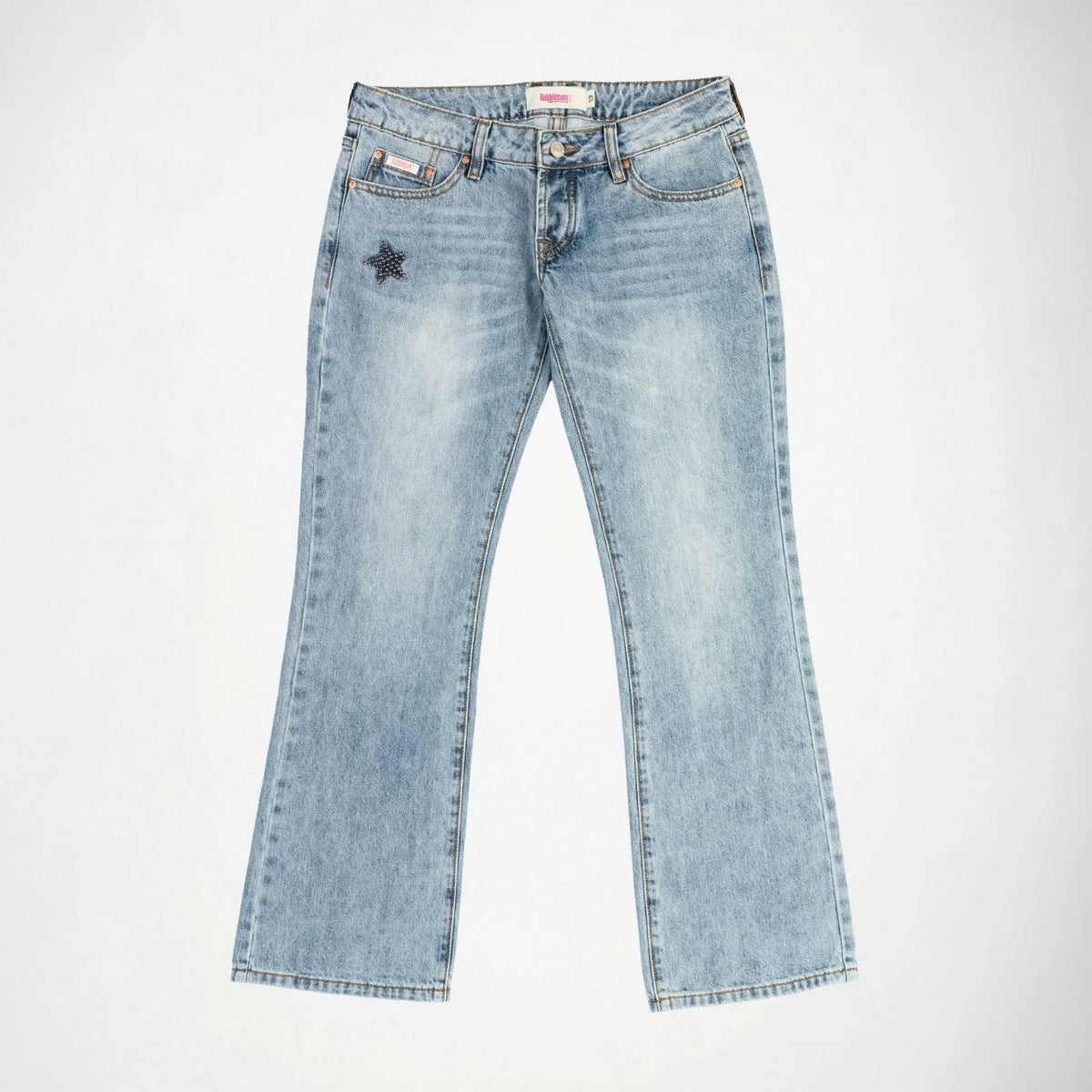 BUBBLEGUM USA Nola Women's Metal Star Super Low-Rise Flare Jeans, Light Vintage
