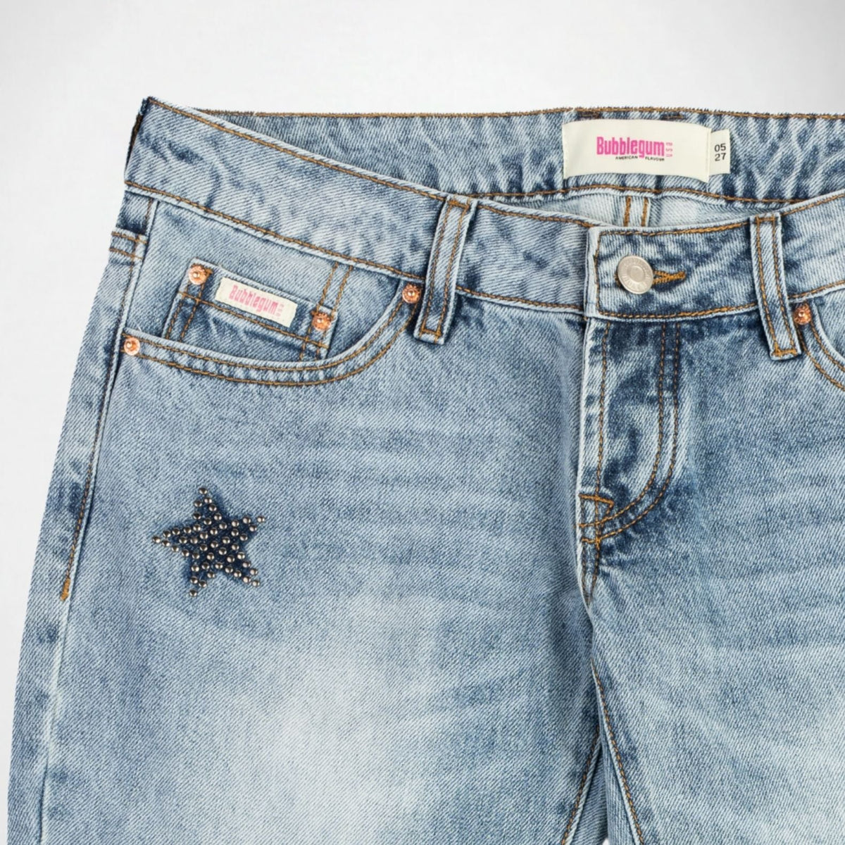 BUBBLEGUM USA Nola Women's Metal Star Super Low-Rise Flare Jeans, Light Vintage