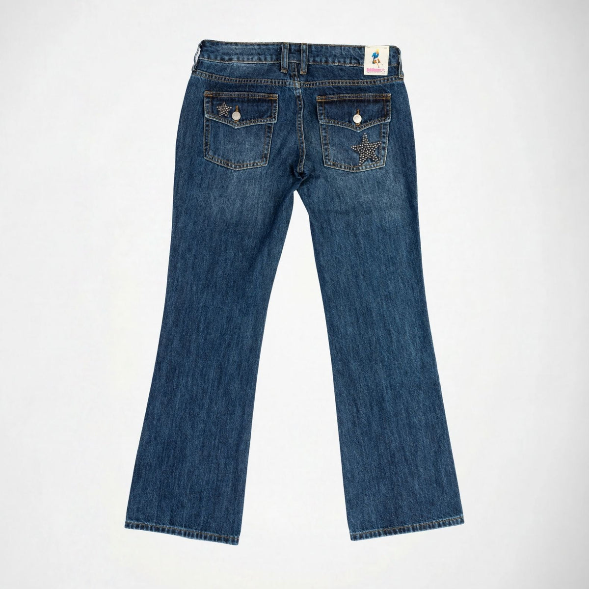 BUBBLEGUM USA Nola Women's Metal Star Super Low-Rise Flare Jeans, Mid Vintage