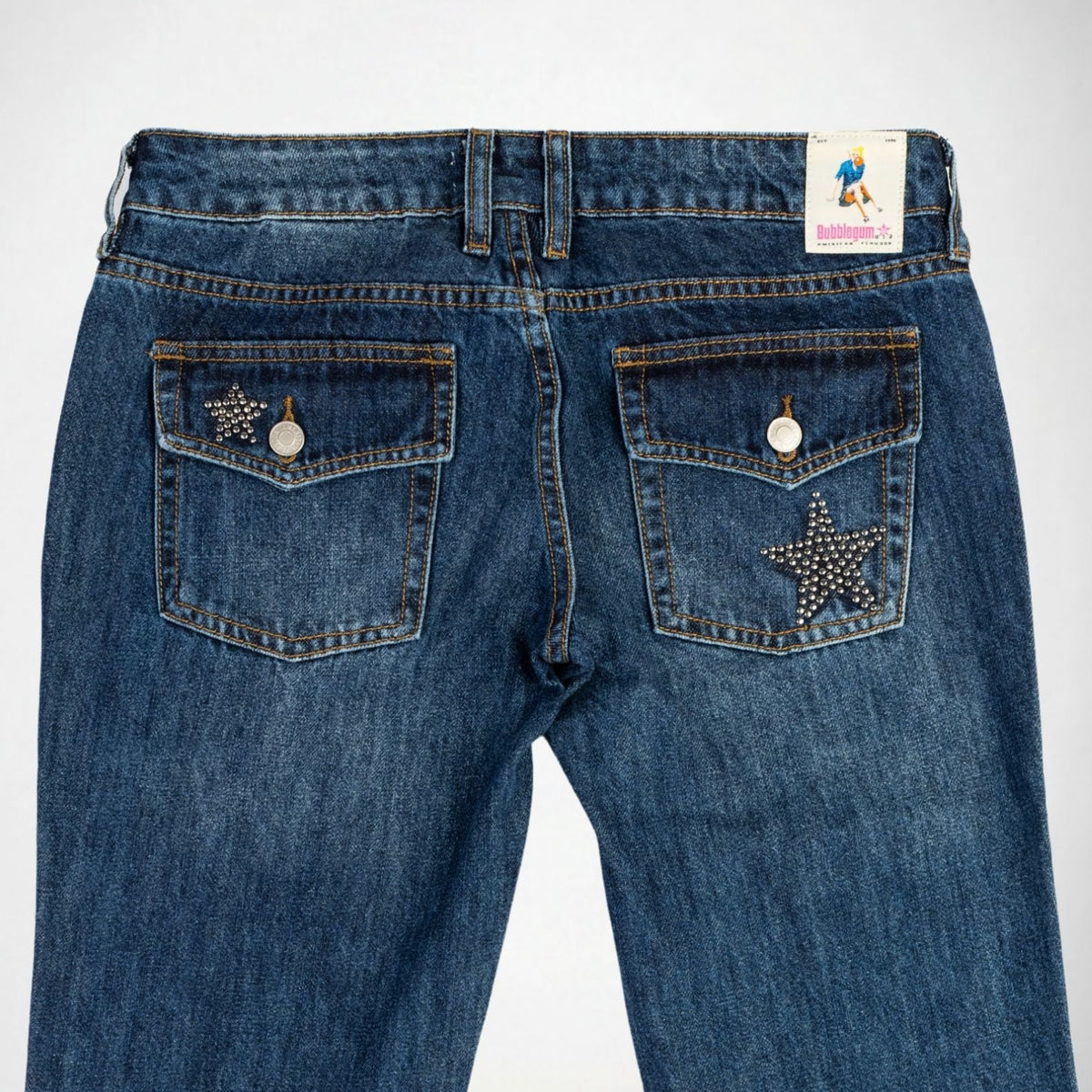 BUBBLEGUM USA Nola Women's Metal Star Super Low-Rise Flare Jeans, Mid Vintage