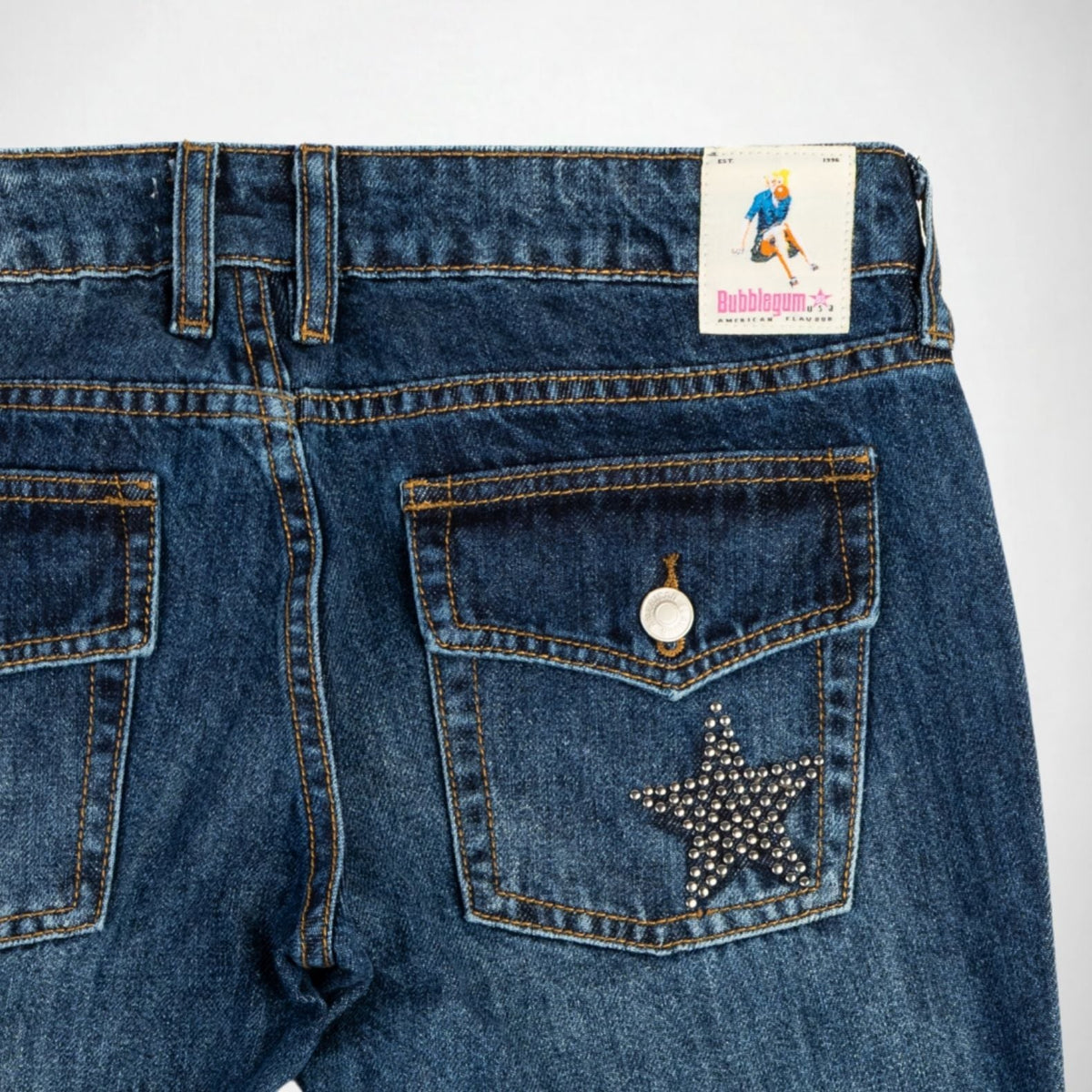 BUBBLEGUM USA Nola Women's Metal Star Super Low-Rise Flare Jeans, Mid Vintage