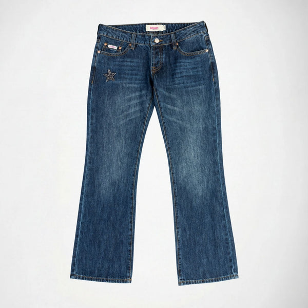 BUBBLEGUM USA Nola Women's Metal Star Super Low-Rise Flare Jeans, Mid Vintage