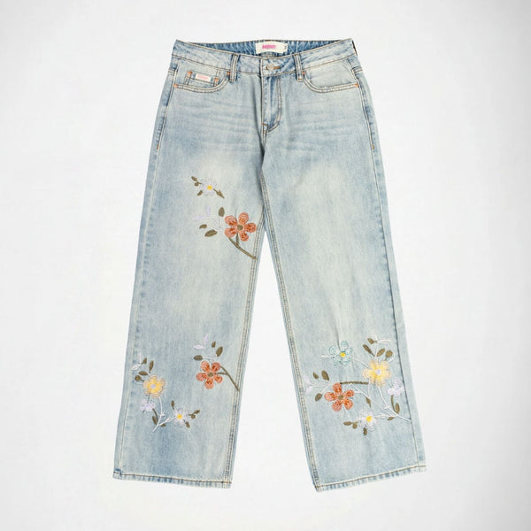 BUBBLEGUM USA Lisa Women's Floral Embroidered Baggy Wide-Leg Jeans