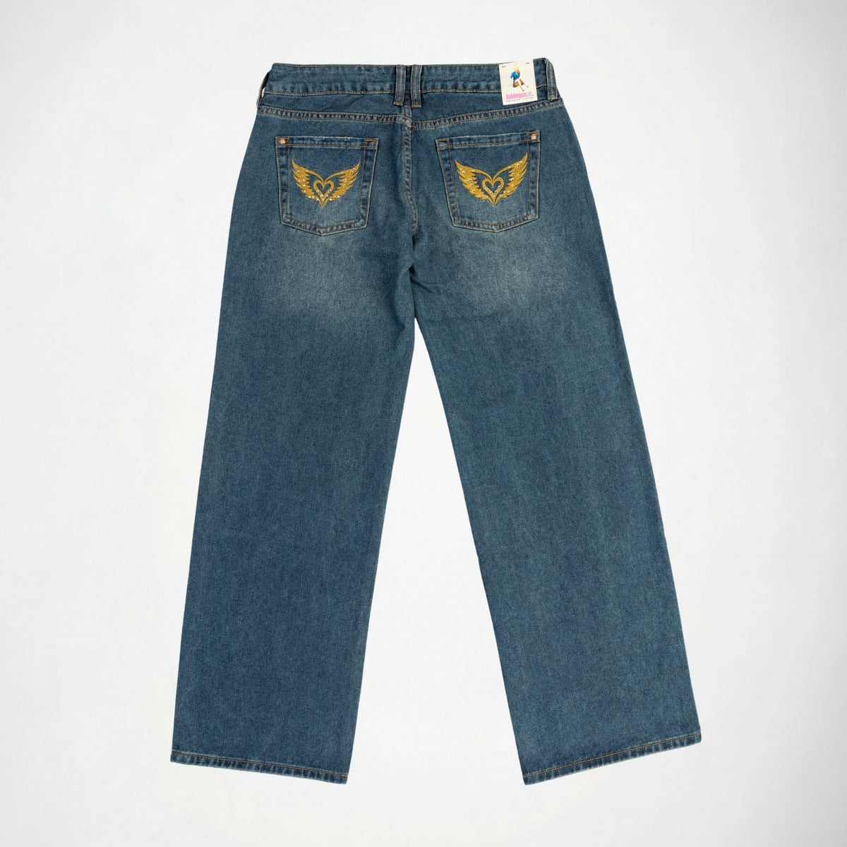 BUBBLEGUM USA Luna Gold Wing Lovers Women's Super Low-Rise Wide-Leg Jeans