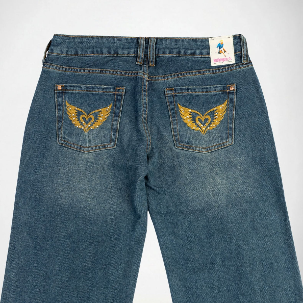 BUBBLEGUM USA Luna Gold Wing Lovers Women's Super Low-Rise Wide-Leg Jeans