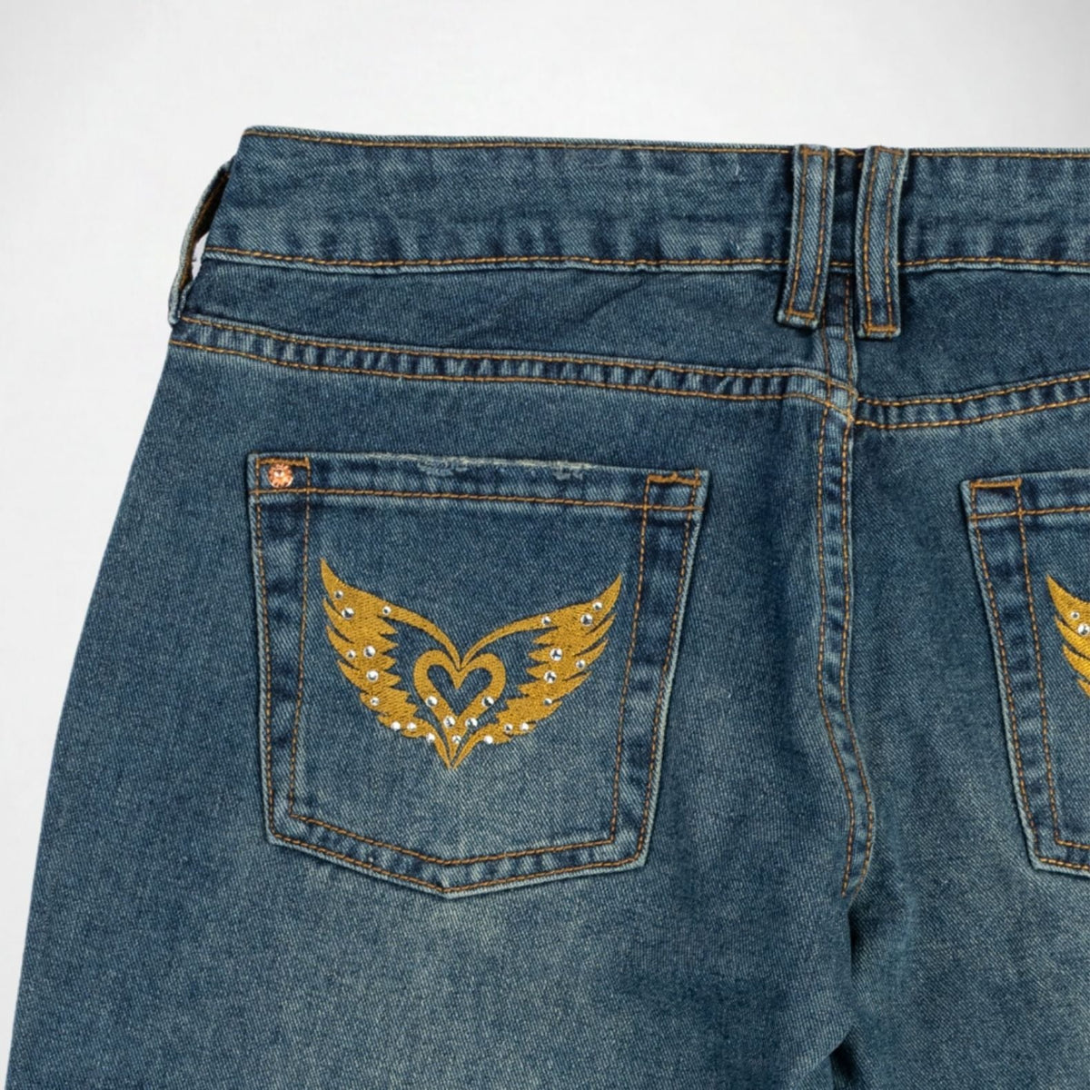 BUBBLEGUM USA Luna Gold Wing Lovers Women's Super Low-Rise Wide-Leg Jeans