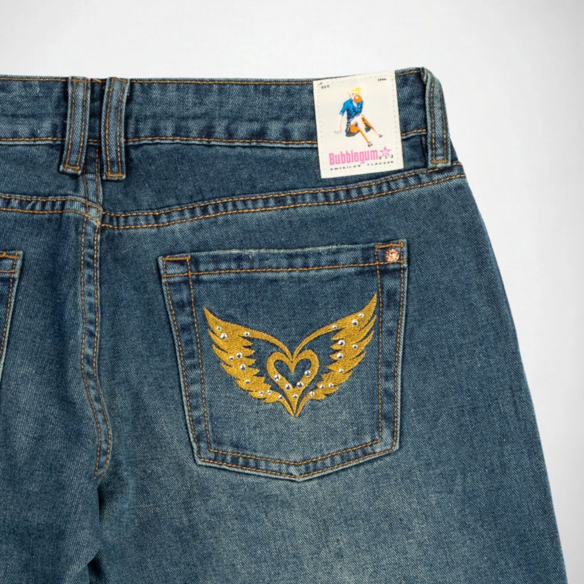 BUBBLEGUM USA Luna Gold Wing Lovers Women's Super Low-Rise Wide-Leg Jeans