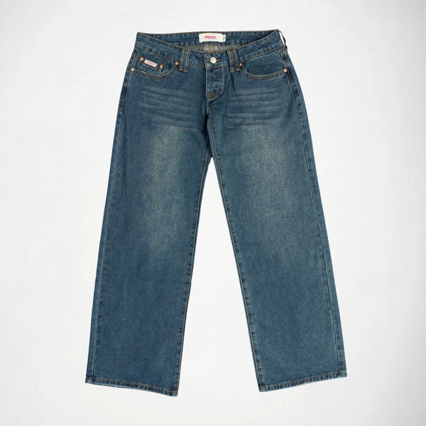 BUBBLEGUM USA Luna Gold Wing Lovers Women's Super Low-Rise Wide-Leg Jeans