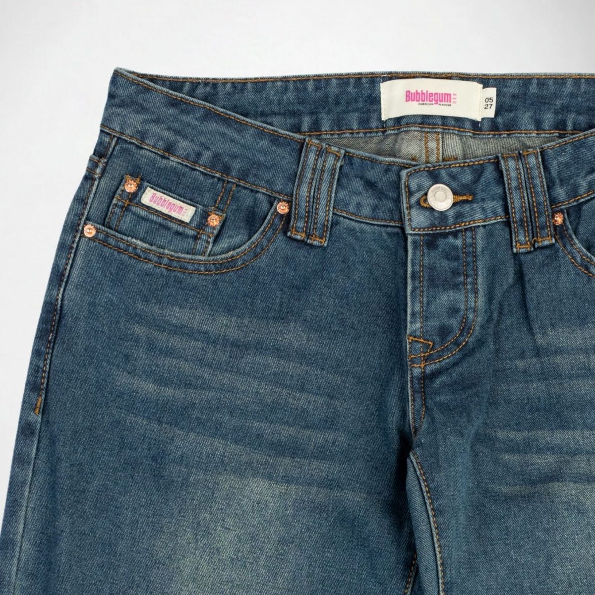 BUBBLEGUM USA Luna Gold Wing Lovers Women's Super Low-Rise Wide-Leg Jeans