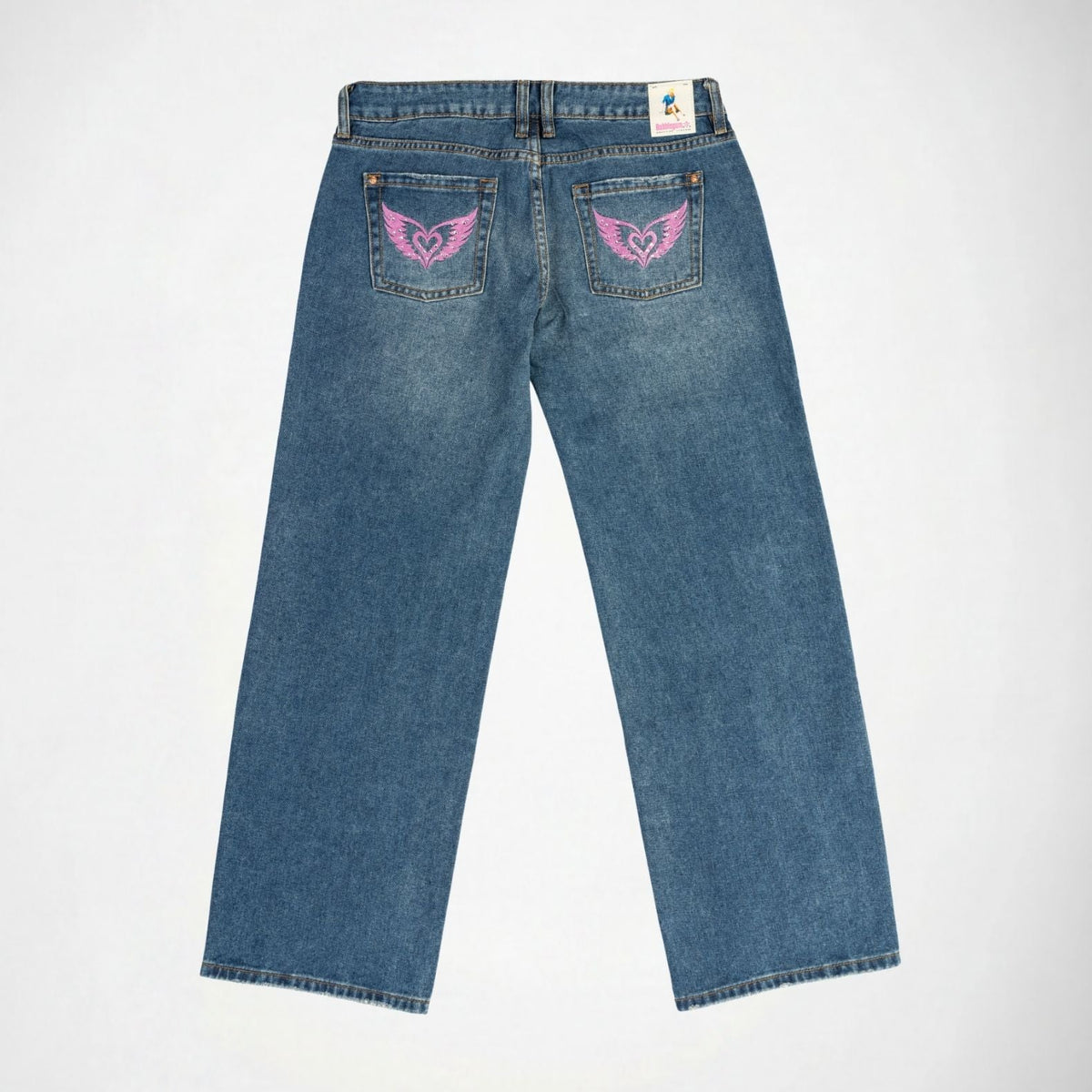 BUBBLEGUM USA Luna Pink Wing Lovers Women's Super Low-Rise Wide-Leg Jeans