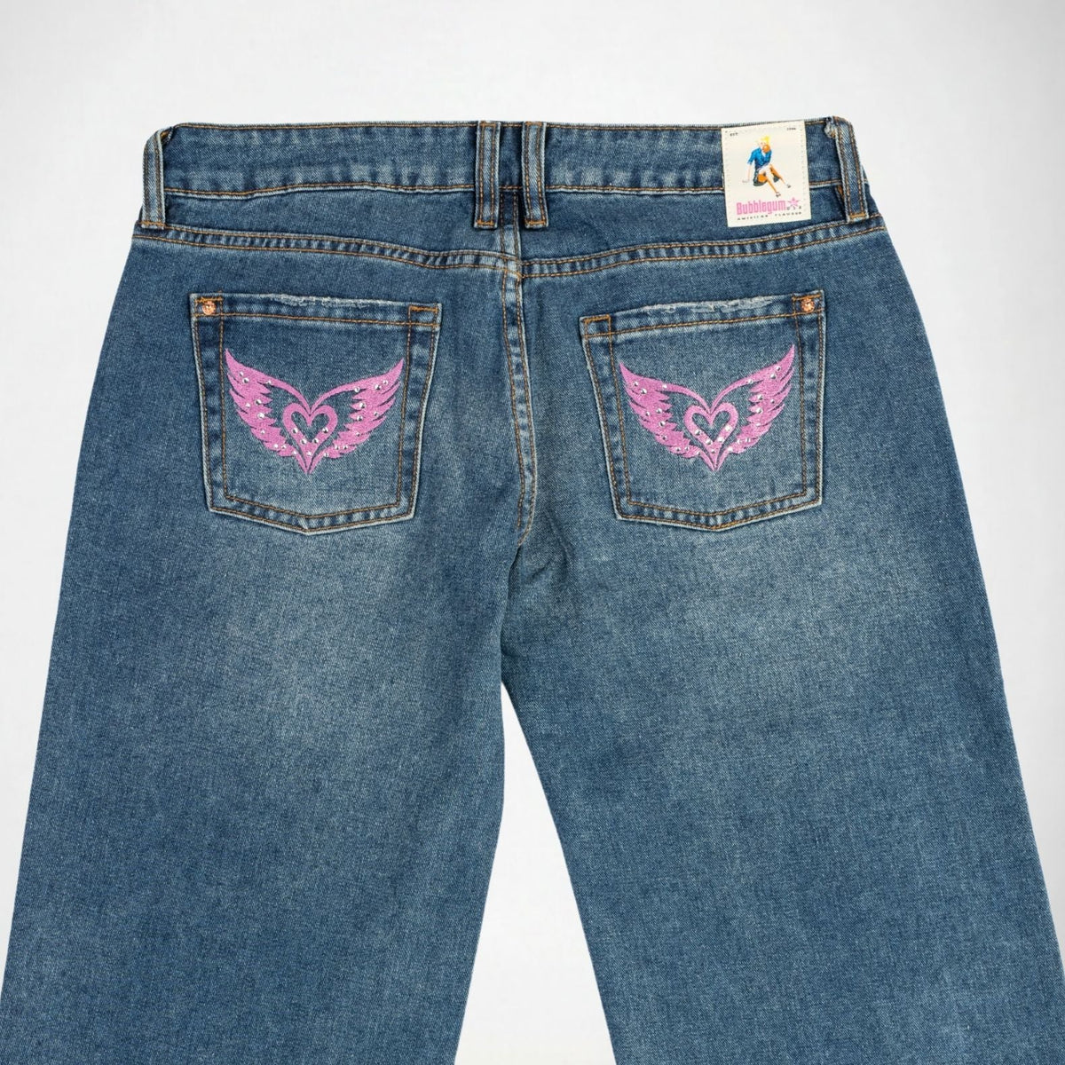 BUBBLEGUM USA Luna Pink Wing Lovers Women's Super Low-Rise Wide-Leg Jeans