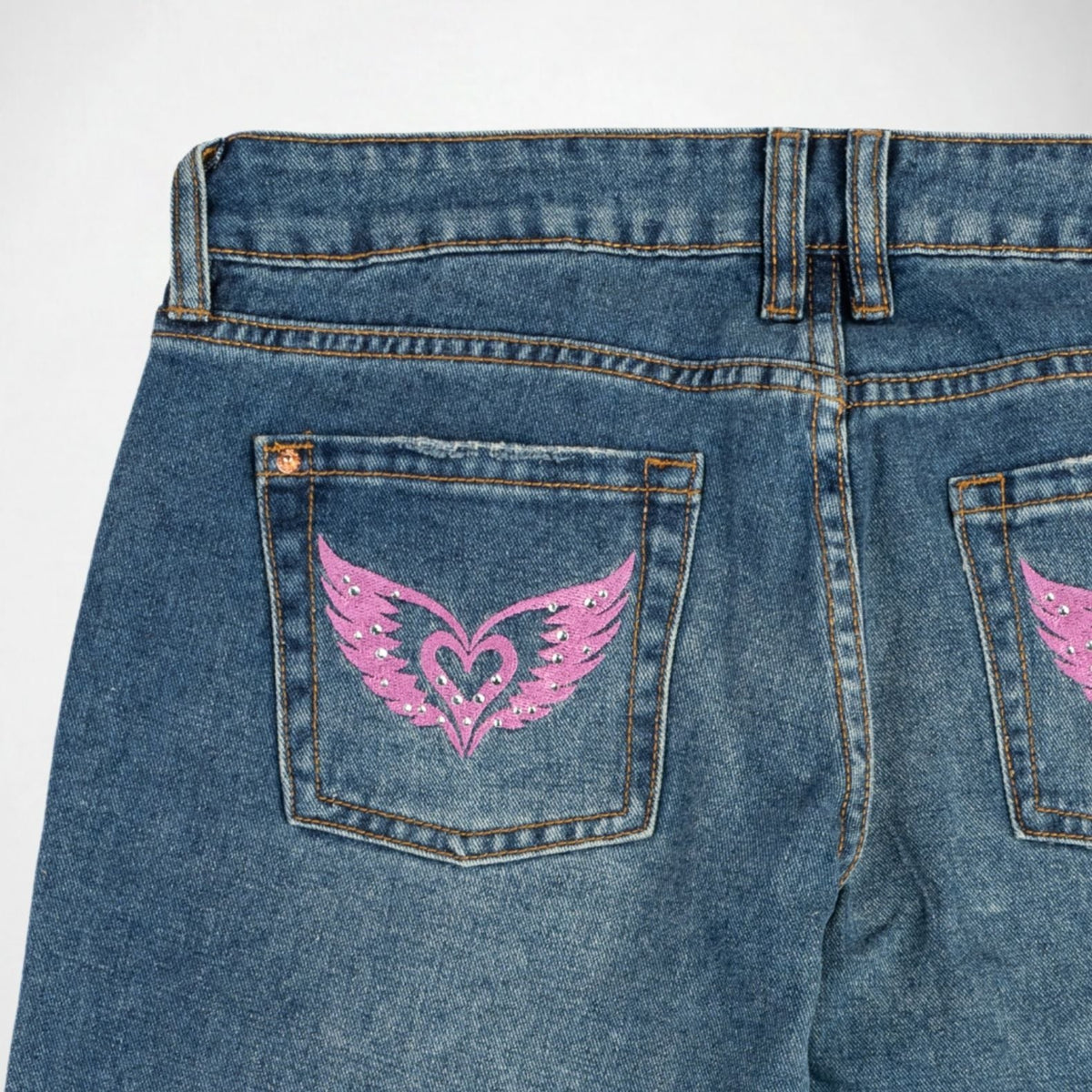 BUBBLEGUM USA Luna Pink Wing Lovers Women's Super Low-Rise Wide-Leg Jeans