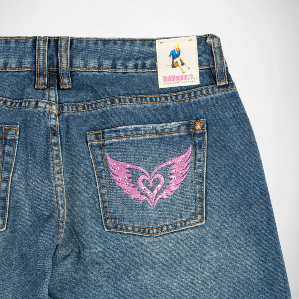 BUBBLEGUM USA Luna Pink Wing Lovers Women's Super Low-Rise Wide-Leg Jeans