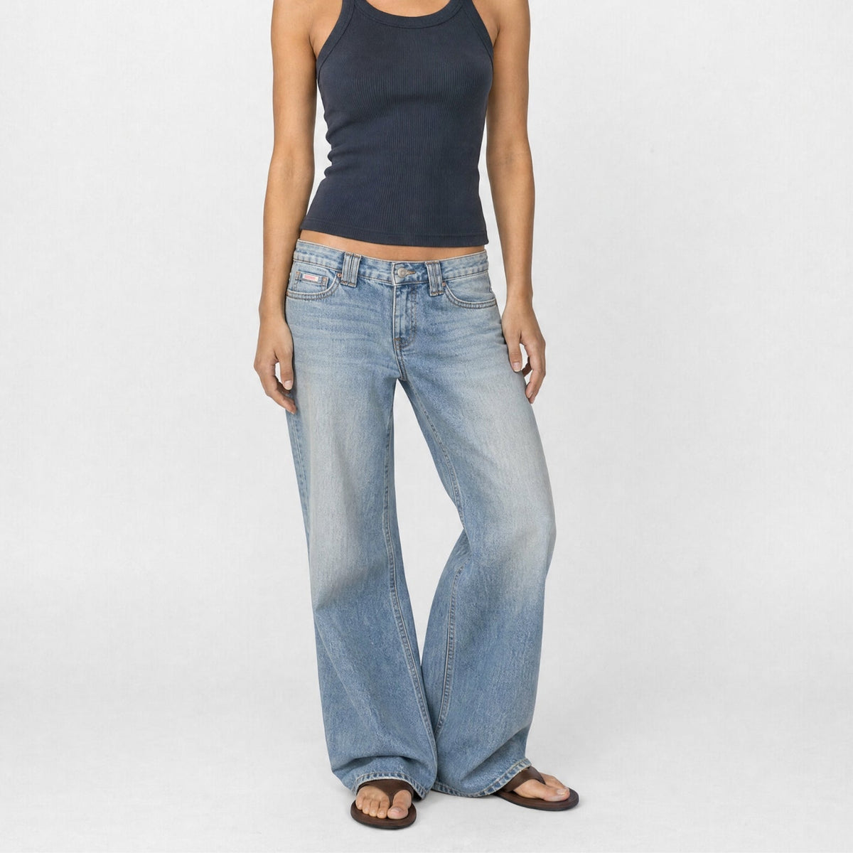 BUBBLEGUM USA Luna Silver Wing Lovers Women's Super Low-Rise Wide-Leg Jeans
