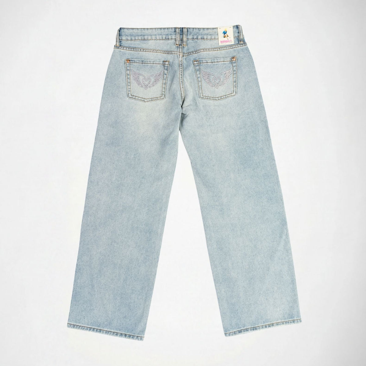 BUBBLEGUM USA Luna Silver Wing Lovers Women's Super Low-Rise Wide-Leg Jeans