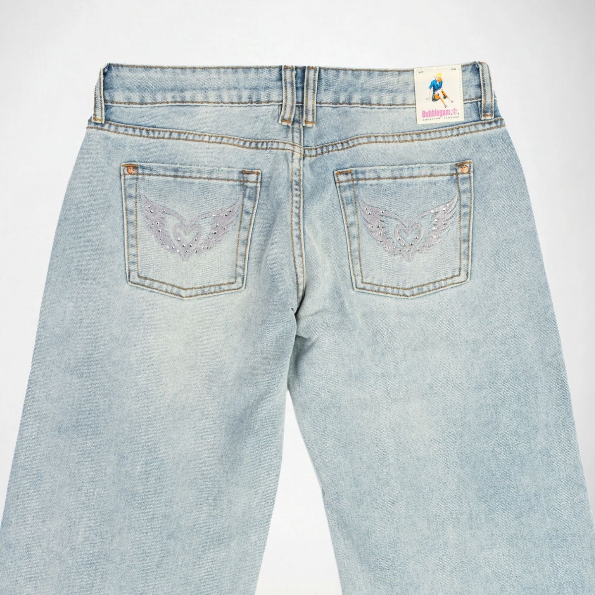 BUBBLEGUM USA Luna Silver Wing Lovers Women's Super Low-Rise Wide-Leg Jeans