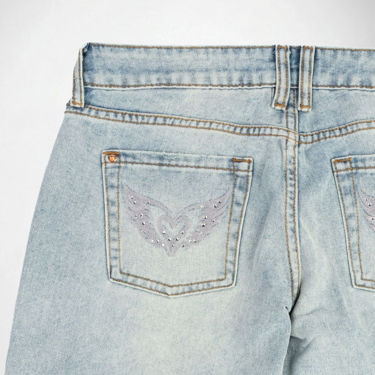 BUBBLEGUM USA Luna Silver Wing Lovers Women's Super Low-Rise Wide-Leg Jeans